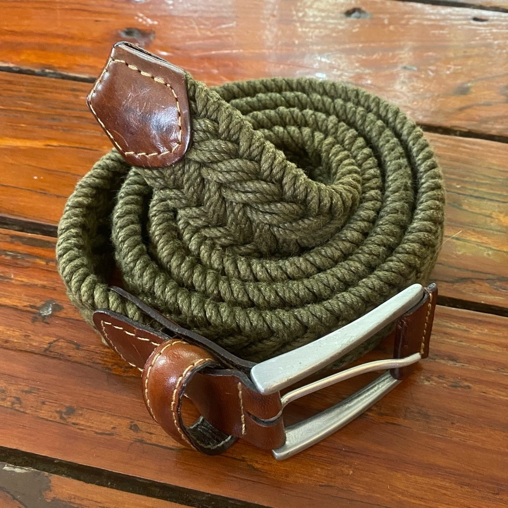 Woven Camo Olive Green Brown Leather Belt Size 38